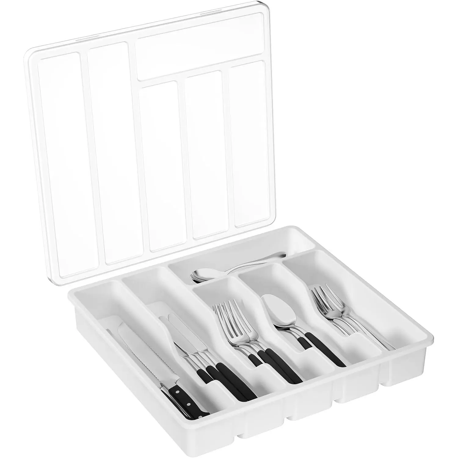 Silverware Organizer with Lid, Covered Utensil Tray for Kitchen Drawer and Countertop, Plastic Cutlery and Flatware Storage Box for Spoons Forks  Holder Case, 12.6x11.8", White