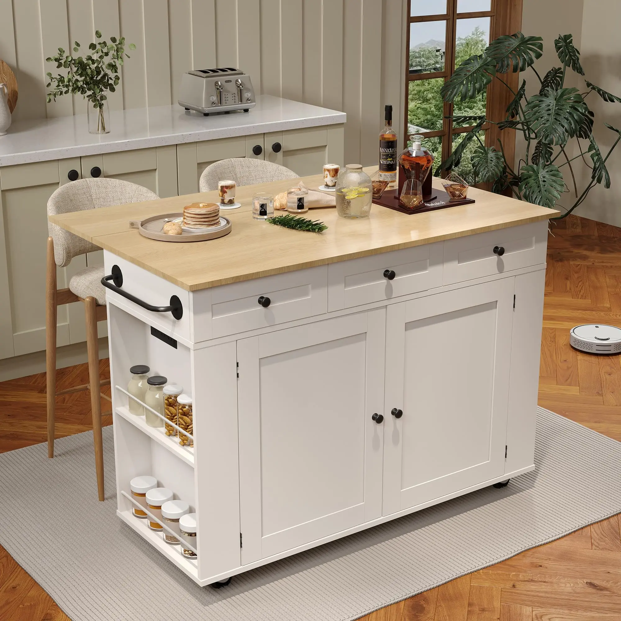 Rolling Kitchen Island Cart with Drop Leaf Countertop and Power Outlet – Ample Storage, 3 Drawers, Pull-Out Shelves, Spice Rack, Towel Rack – Mobile Buffet Cabinet for Dining Room