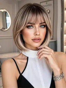8-Inch Gradient Gold Bob Wig with Bangs, Suitable for Office, Dates, and Daily Styling, All-Season Straight Hair Extension, Synthetic Bob Wig, Straight Bob Wigs