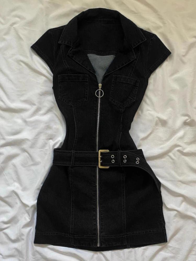 American Retro Black Denim Short Dress Women Summer Zipper Elegant Slim One Piece Dress Korean Fashion Design Casual Clothing American Retro Black Denim Short Dress Women Summer Zipper Elegant Slim One Piece Dress Korean Fashion Design Casual Clothing