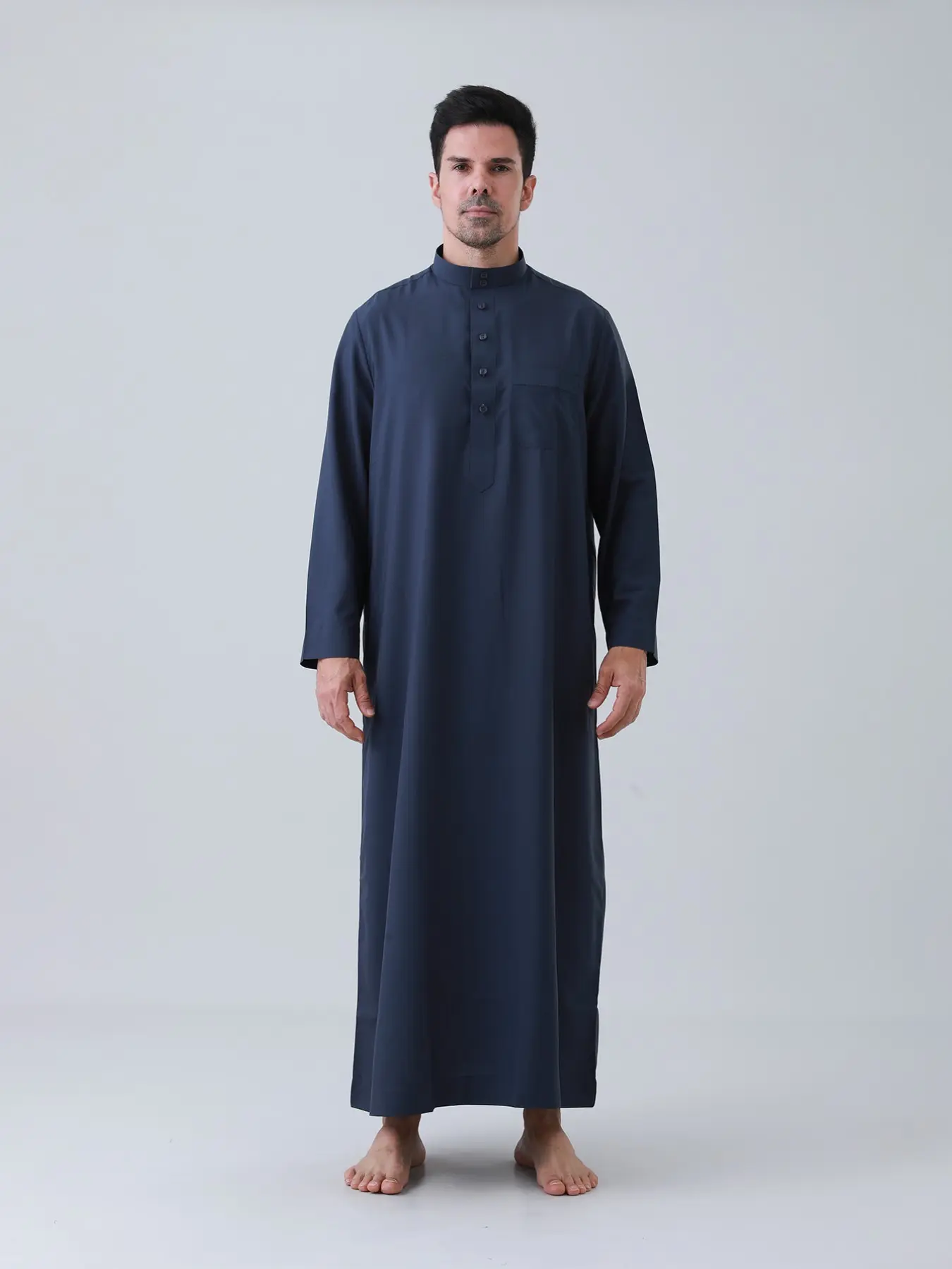 Deep Blue Stand Collar Men's Muslim Robe, Breathable Loose Fit Arab Prayer Dress, Daily Wear, Religious Worship, Festival Gift