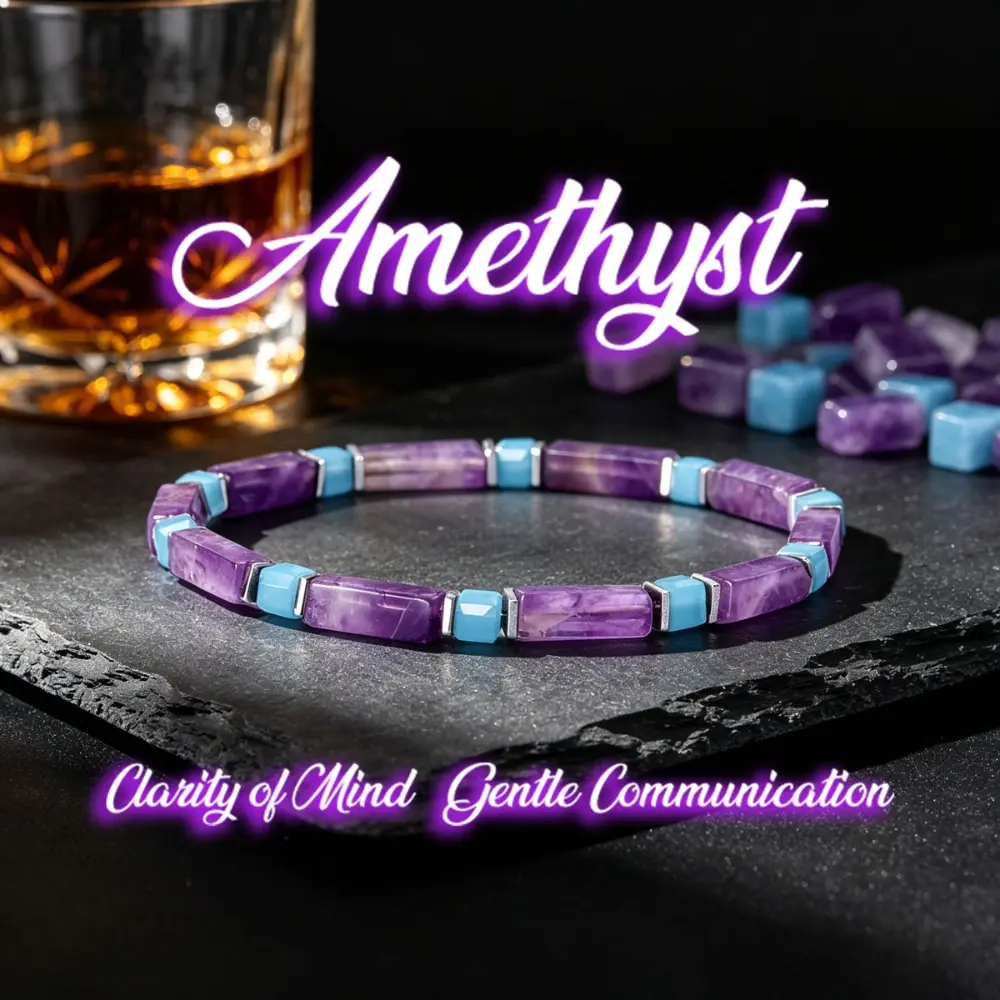 Natural Amethyst And Blue Chalcedony Rectangle Bead Stretch Bracelet, Boho Stackable Fashion Jewelry Gift for Men And Women