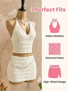 Summer Two-Piece Set, Off- Textured Halter Top + High-Waisted Bodycon Skirt, Bold Style for Hot Weather