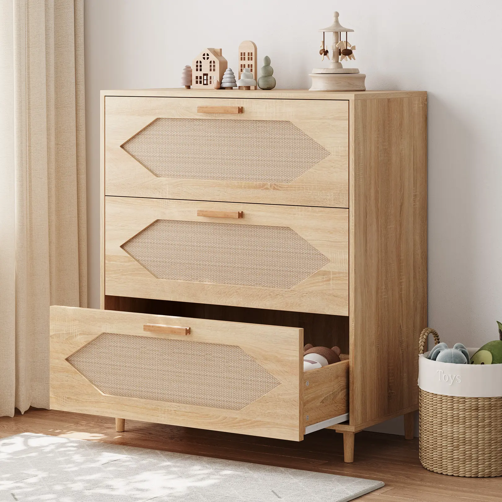 Spacious Storage Sideboard – 3-Drawer Rustic Oak Buffet Cabinet with Rattan Detailing – Modern Wooden Server for Dining Room, Hallway, Bedroom – Natural Finish
