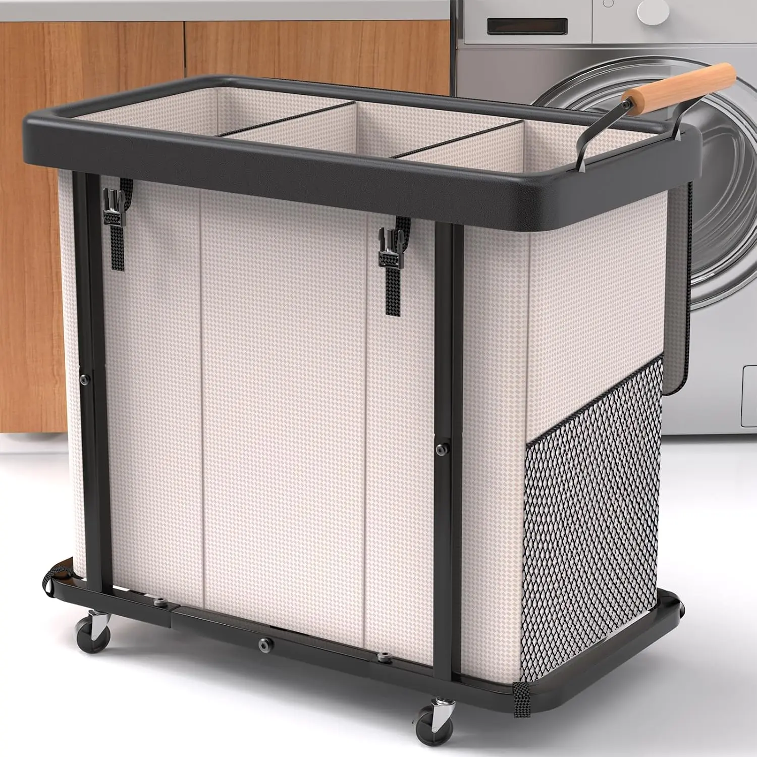 230L (60 Gal)  Fashion Laundry Sorter 3 Section with Lid, Rolling Laundry Basket Hamper with Handle, Laundry Organizer Storage Cart with Sturdy Metal Frame for Laundry Room, Hotel, White