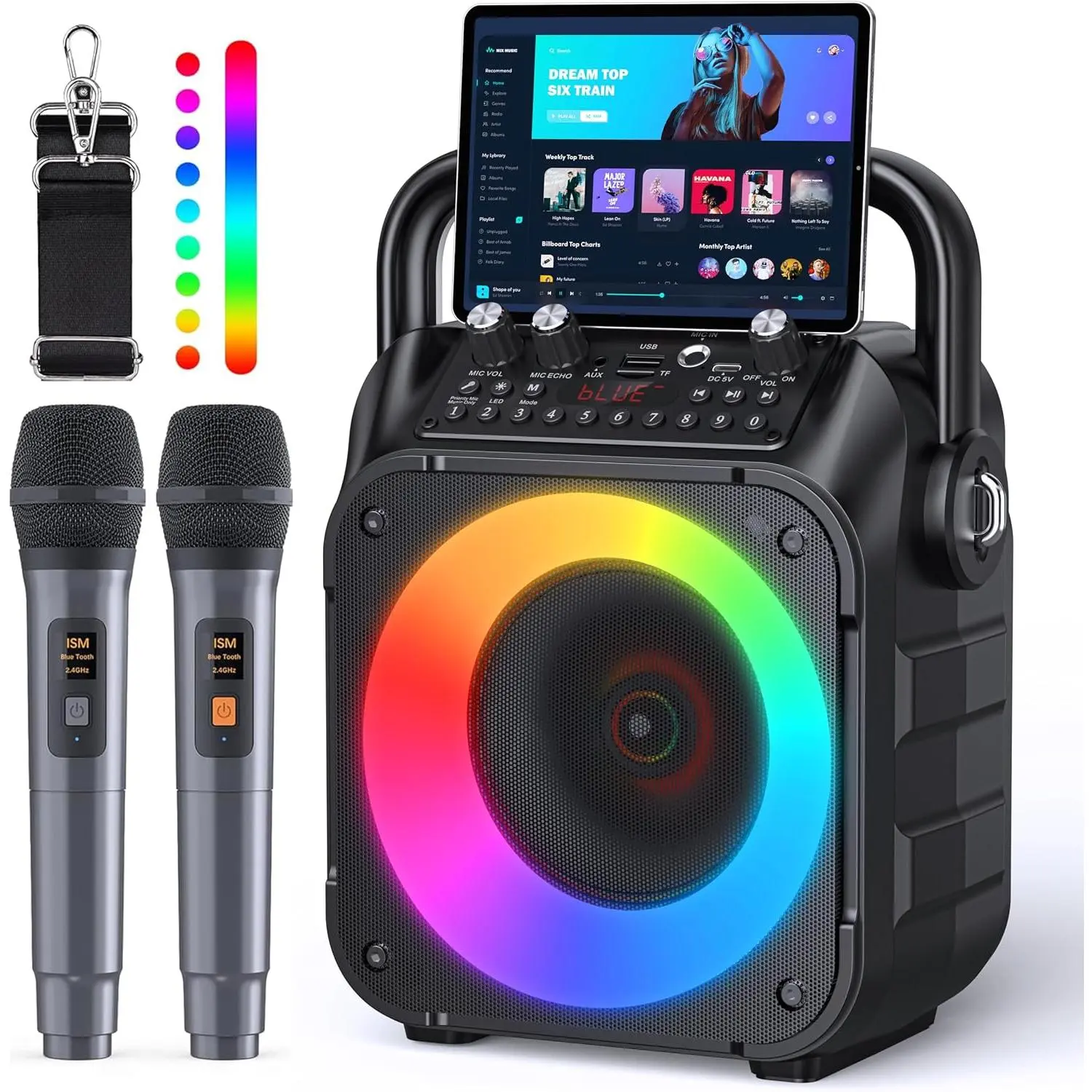 Karaoke Machine, Portable  Speaker with 2  Microphones for Adults &  with Lights, Karaoke Microphone with PA System Supports USB/TF/REC/FM/AUX for  Party  System Packages