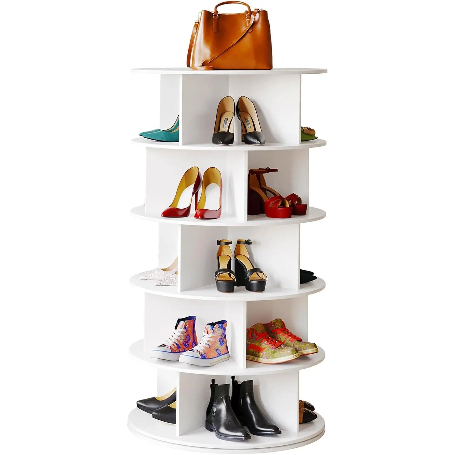 Style 5-Tier Rotating Shoe Organizer, Spinning Shoe Rack Tower, 360 Display Lazy Susan Storage, Handbag Rotate Tower Closet Organization (Modern Style, White)