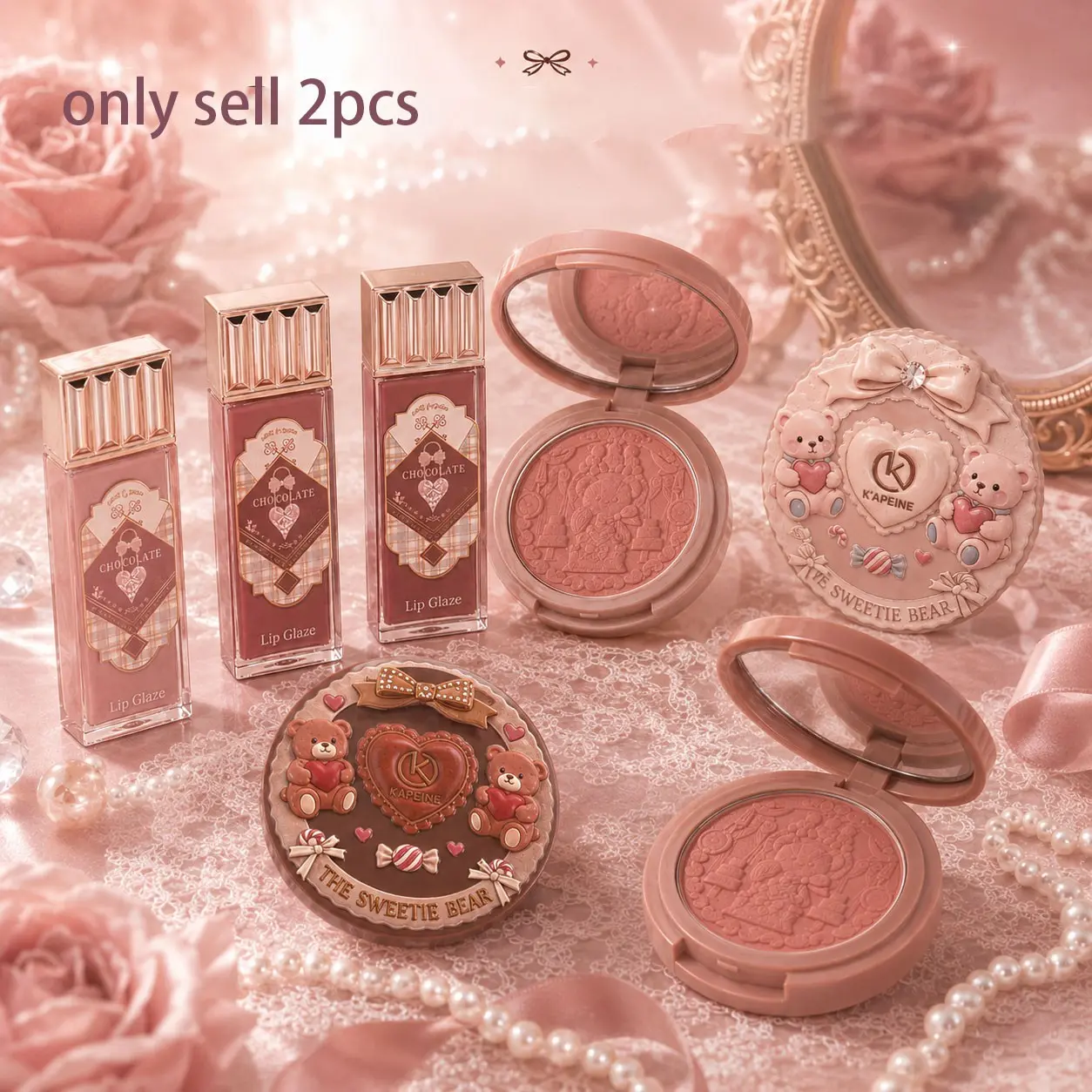 Single Color Bear Sweetheart Blush + Chocolate Shop Lipstick, Lightweight Cloud Lip Balm, Long-Lasting Matte, Natural Whitening, Gift Idea
