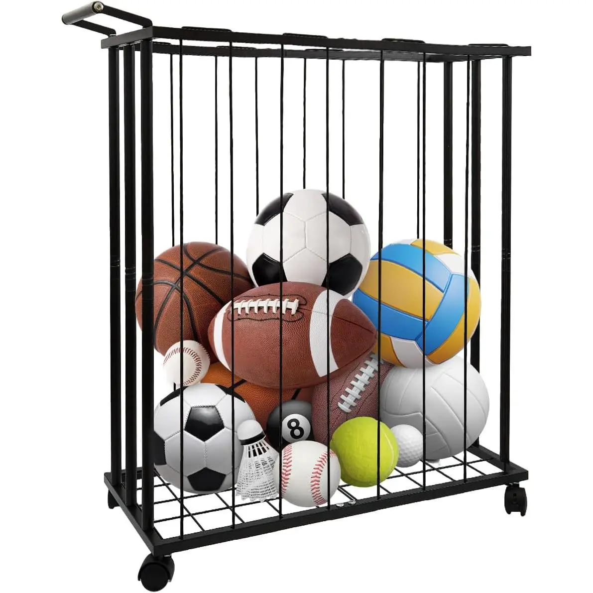Large Garage Ball Storage Rack with Wheels - Rolling Sports Equipment Organizer, Freestanding Ball Holder for Basketball, Soccer, Volleyball, Football - Sports Ball Storage for Garage, Gym, School, Home