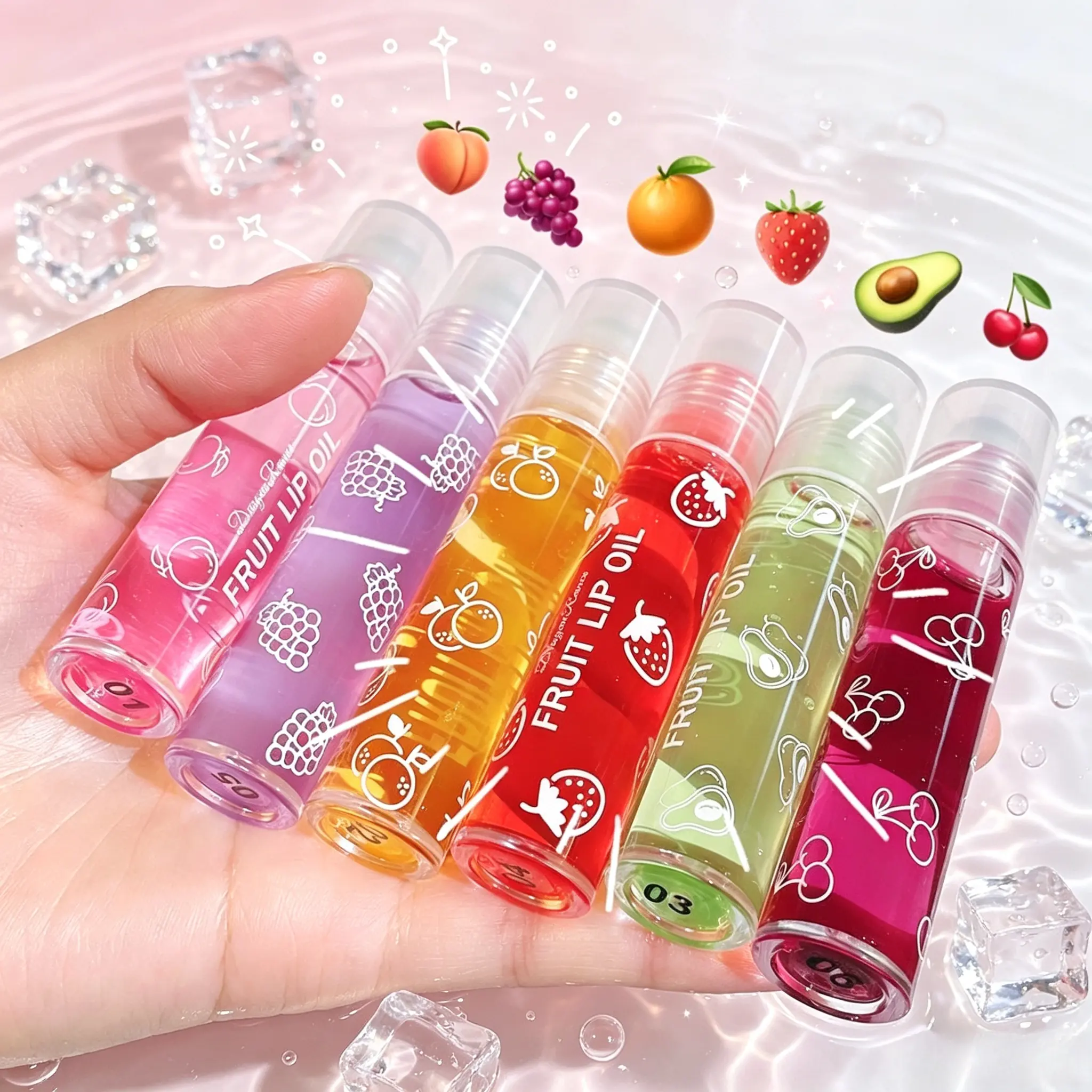 Fruit Roller Lip Treatment Oil, 6 Flavors Transparent Clear Lip Moisturizer Lip Oil, Moisturize & Hydrate & Reduce Lip Lines, Glossy Glass Lip Base Portable Roller Lip Gloss Hydrating Moisturizing