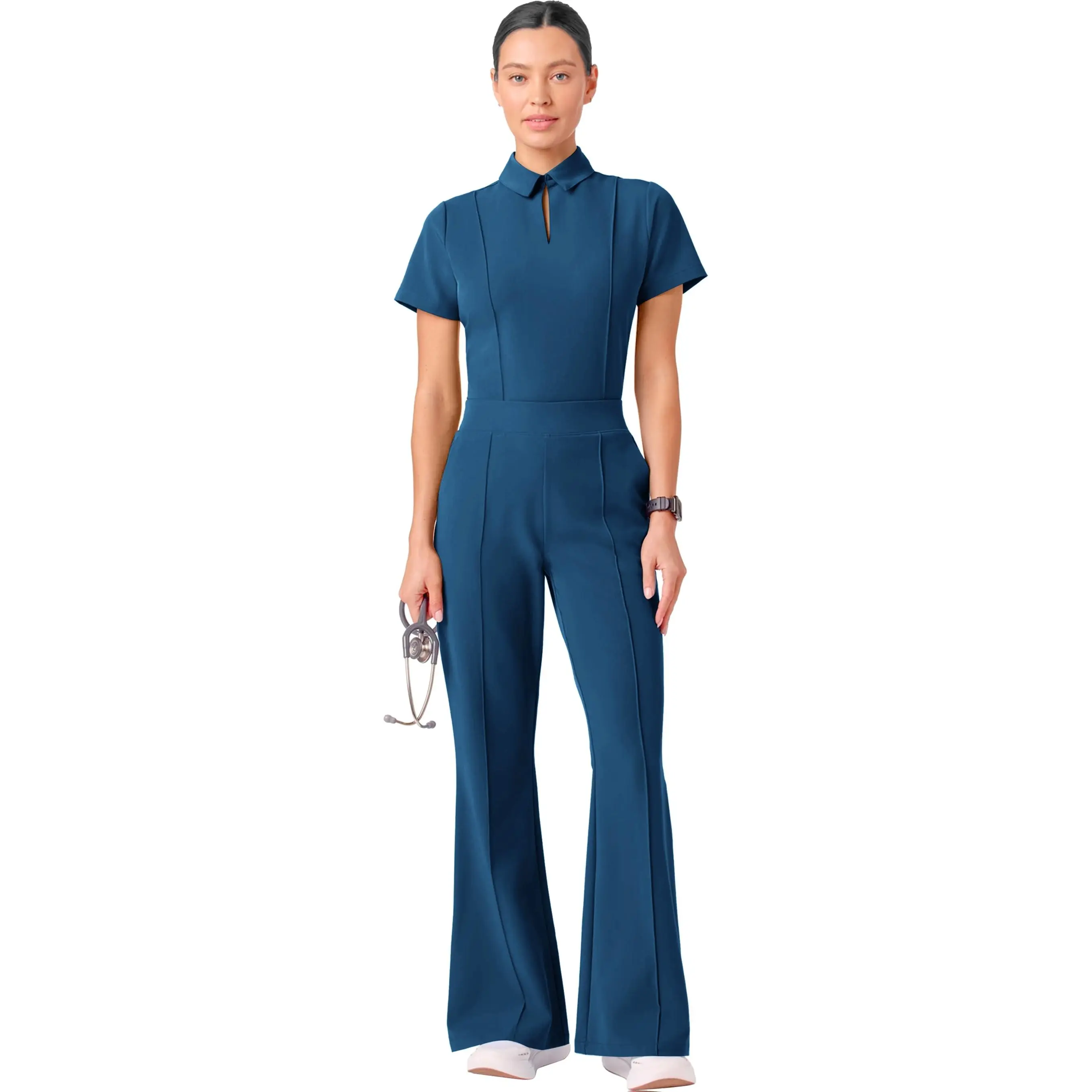 Elegant Women's Scrub Set, Solid Color Short-Sleeved Workwear Uniform with a Stand-Up Collar for Medical, Oral Care, and Beauty Salon Professionals, Chic, Lady