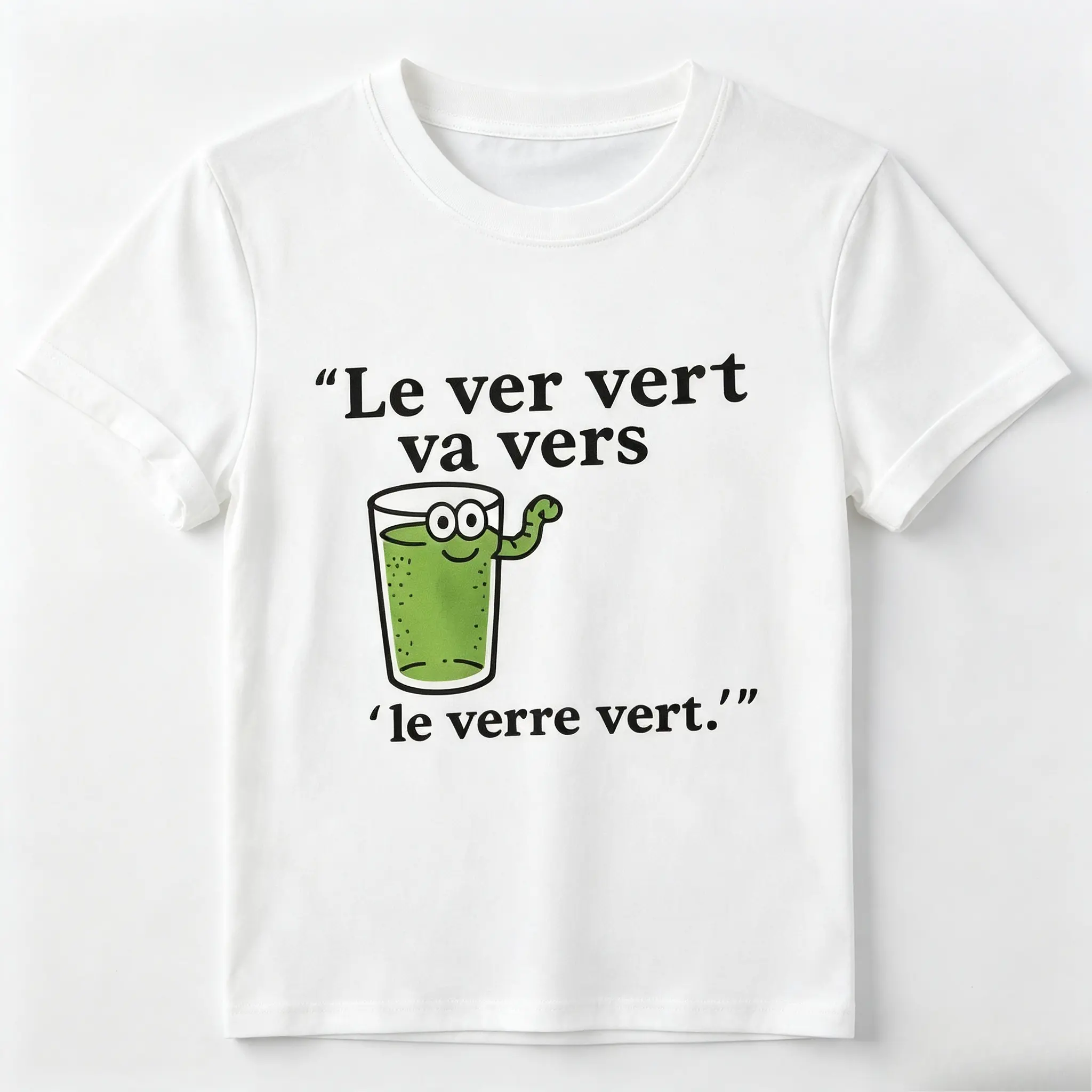 French Quote Tongue Twister Green Cartoon Glass Graphic Cotton T-Shirt, Oversized Comfort Fashion Outfit, Funny Text Casual Top, Perfect Holiday & Valentine’s Day Gift for Lovers, Family, Friends for Him Her
