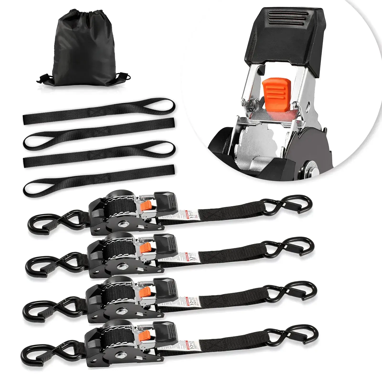 4-Pack Retractable Ratchet Straps, 1 in x 10 ft Webbing, 1200 lbs Break Strength, S Hooks, 4 Soft Loops, Cargo Tension Truck Accessories for Moving, Trailers, Motorcycles