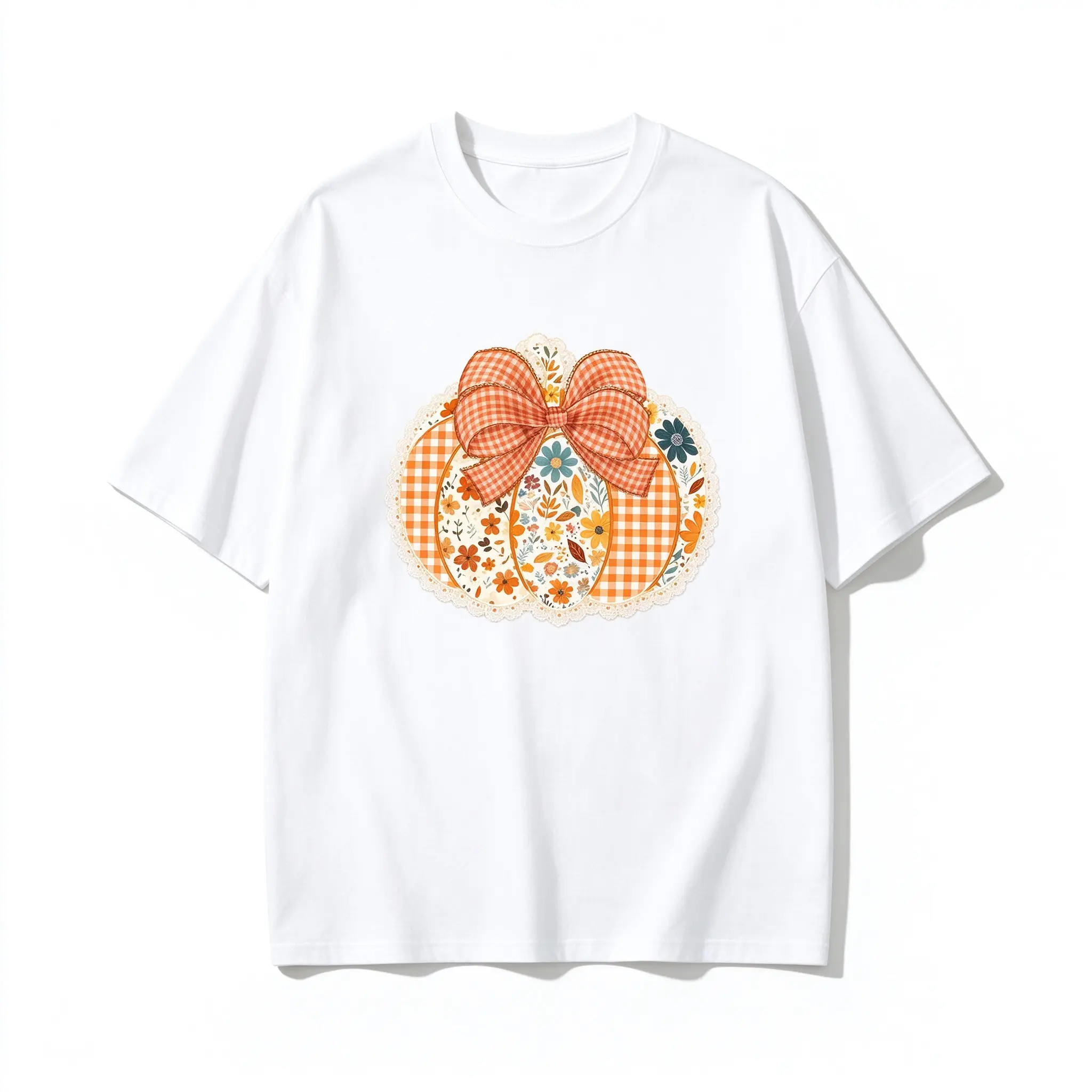 Autumn Pumpkin Graphic Tee Gingham Bow Patchwork Fall Cottage Tshirt