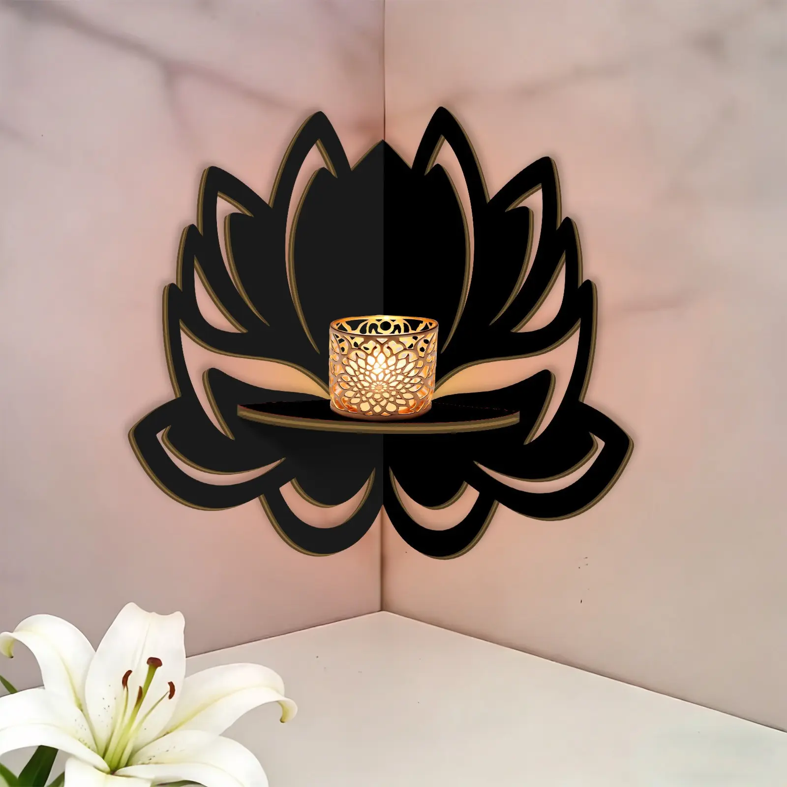 Lotus Shaped Corner Wooden Wall Shelf Hollow Cutout Black Wood Floating Candle Holder Zen Spiritual Wooden Wall Decor For Bedroom Yoga Meditation Room Corner Display Ornament Gift