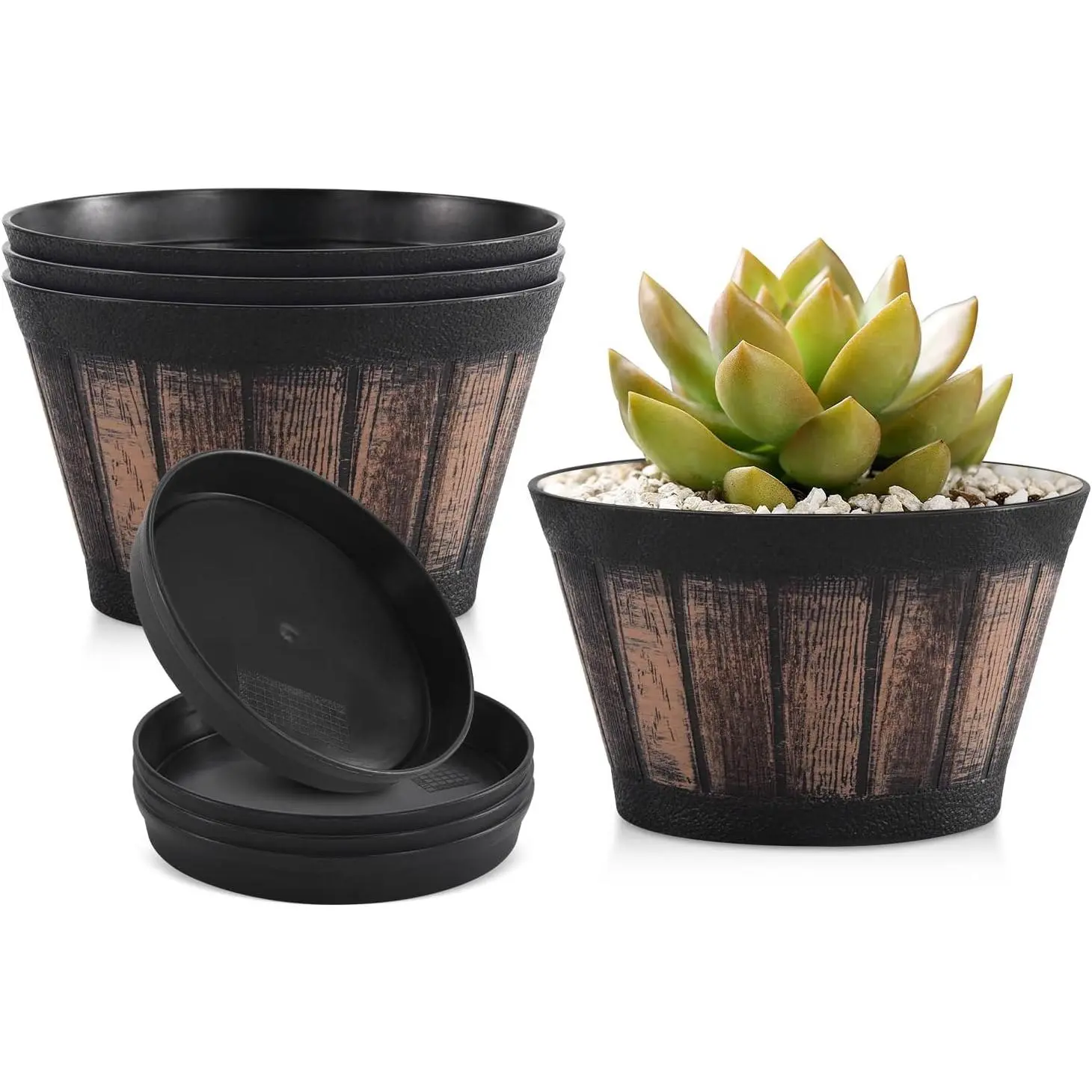 6 inch Brown Barrel Planters with Drainage Holes & , Set of 4, Indoor & Outdoor Garden