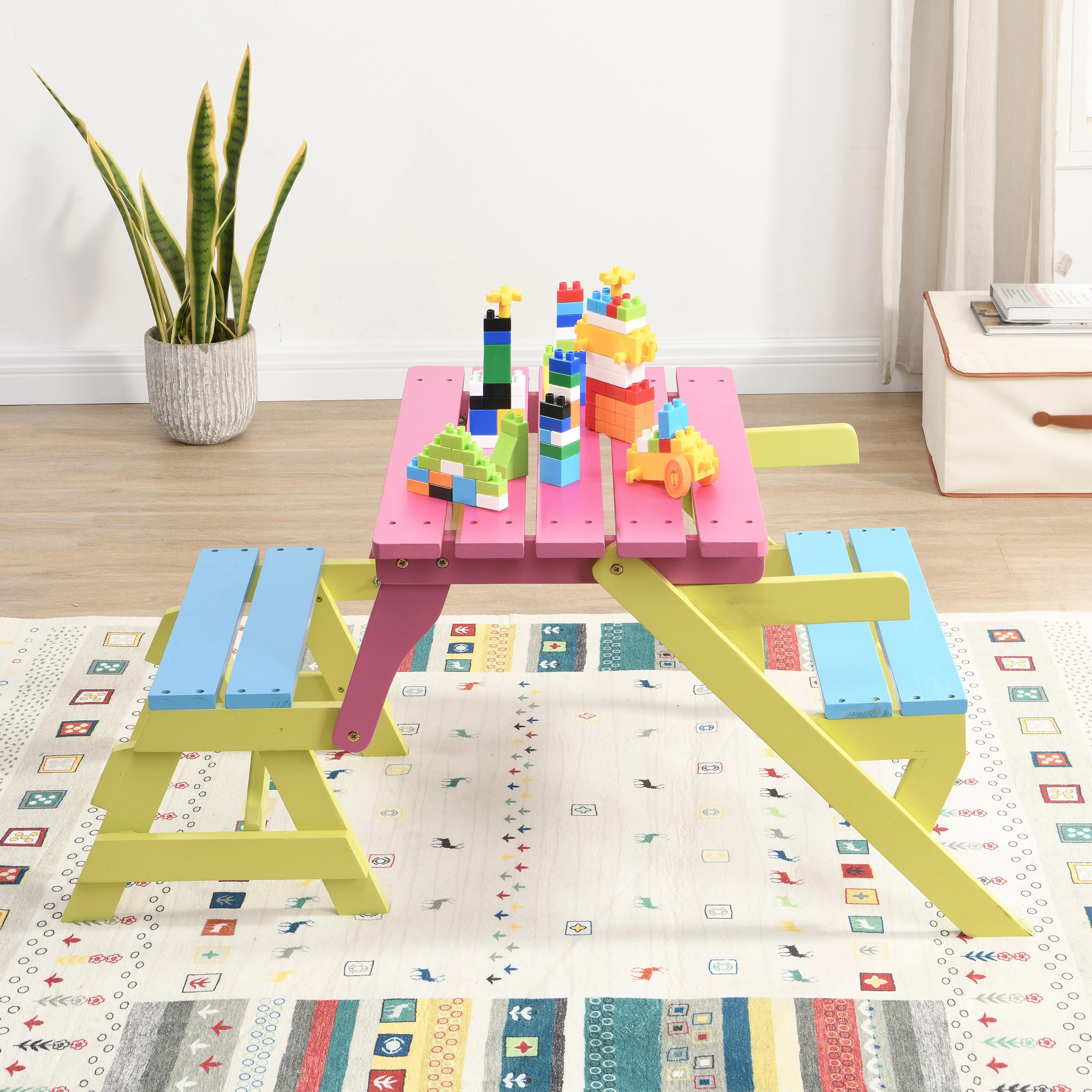 ARCH Kids Multi-Functional Armchair Table and 2 Benches All-in-One Children's Furniture Set for Playroom Bedroom Living Room, Wooden Activity Desk and Chair Set with Storage, Toddler Table and Chair Set for Arts Crafts Snack Time, Dining Room Chairs