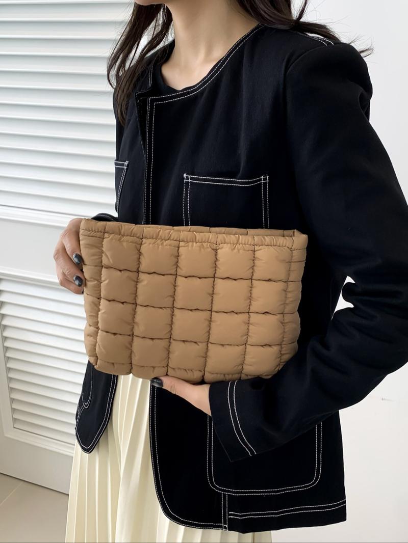 Solid Color Quilted Design Clutch, Large Capacity Travel Storage Bag with Zipper, Portable Travel Storage Bag for Women & Girls