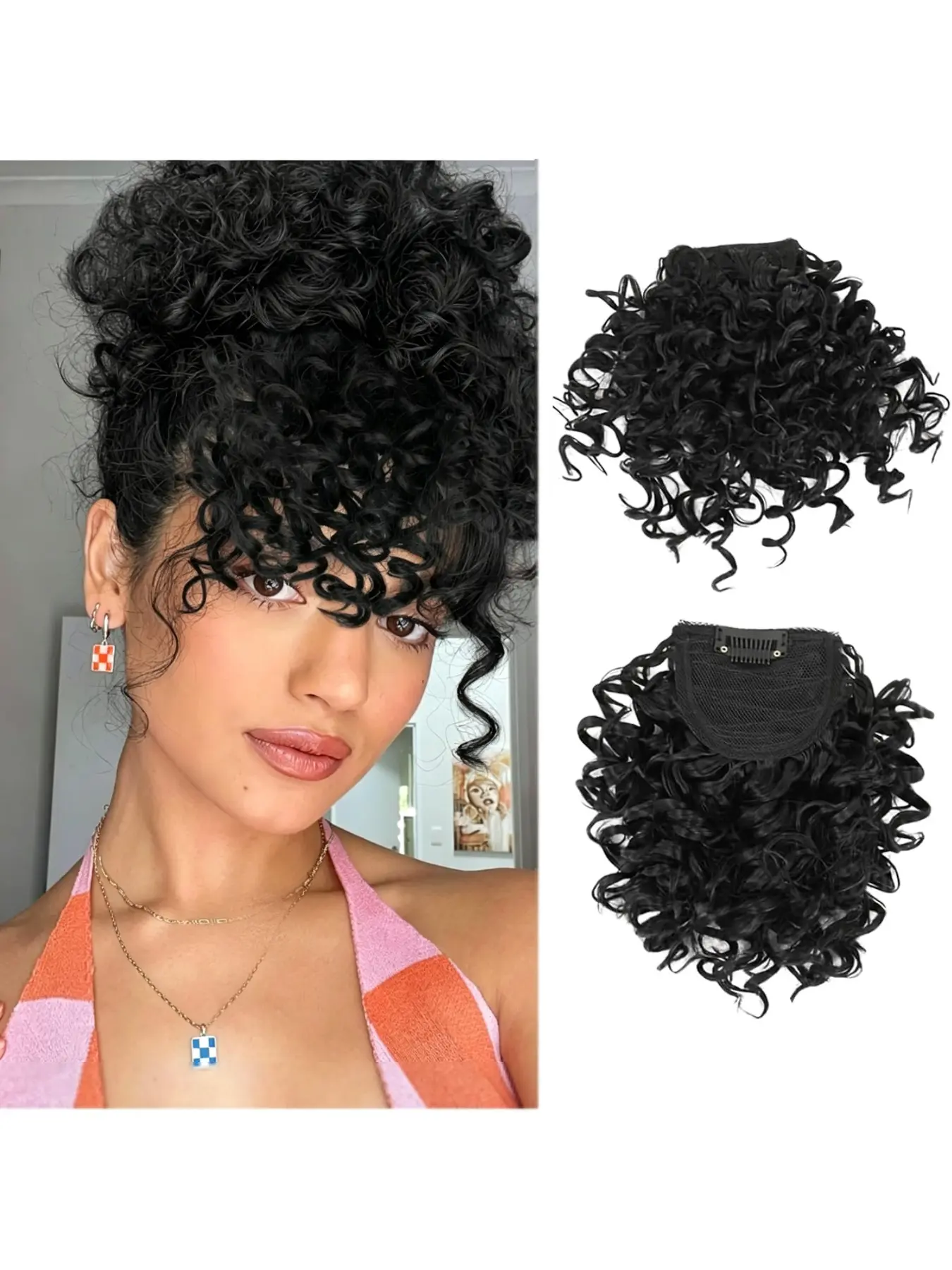 Short African curly fringe hair clip, Jerry curly clip-in bangs, forehead bang hair piece, clip-in hair piece specially for Black women, Synthetic Hairpieces, suitable for daily wear