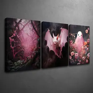 Three-piece set with frame - Pink Bat Horror Ghost Spider Web Art Triptych Theme Canvas Wall Art Framed Painting Clearance Sale, 2D Flat, suitable for Halloween, Christmas, Winter and Summer, luxurious interior decoration for him/her, bedroom, living room