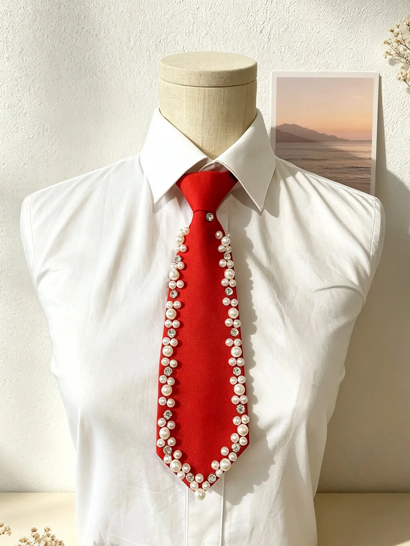 Solid Color Tie with Beads /Rhinestone Decor, Fashionable Necktie for Women & Men, Casual Versatile Accessories for Daily Wear, Uniform, Performance