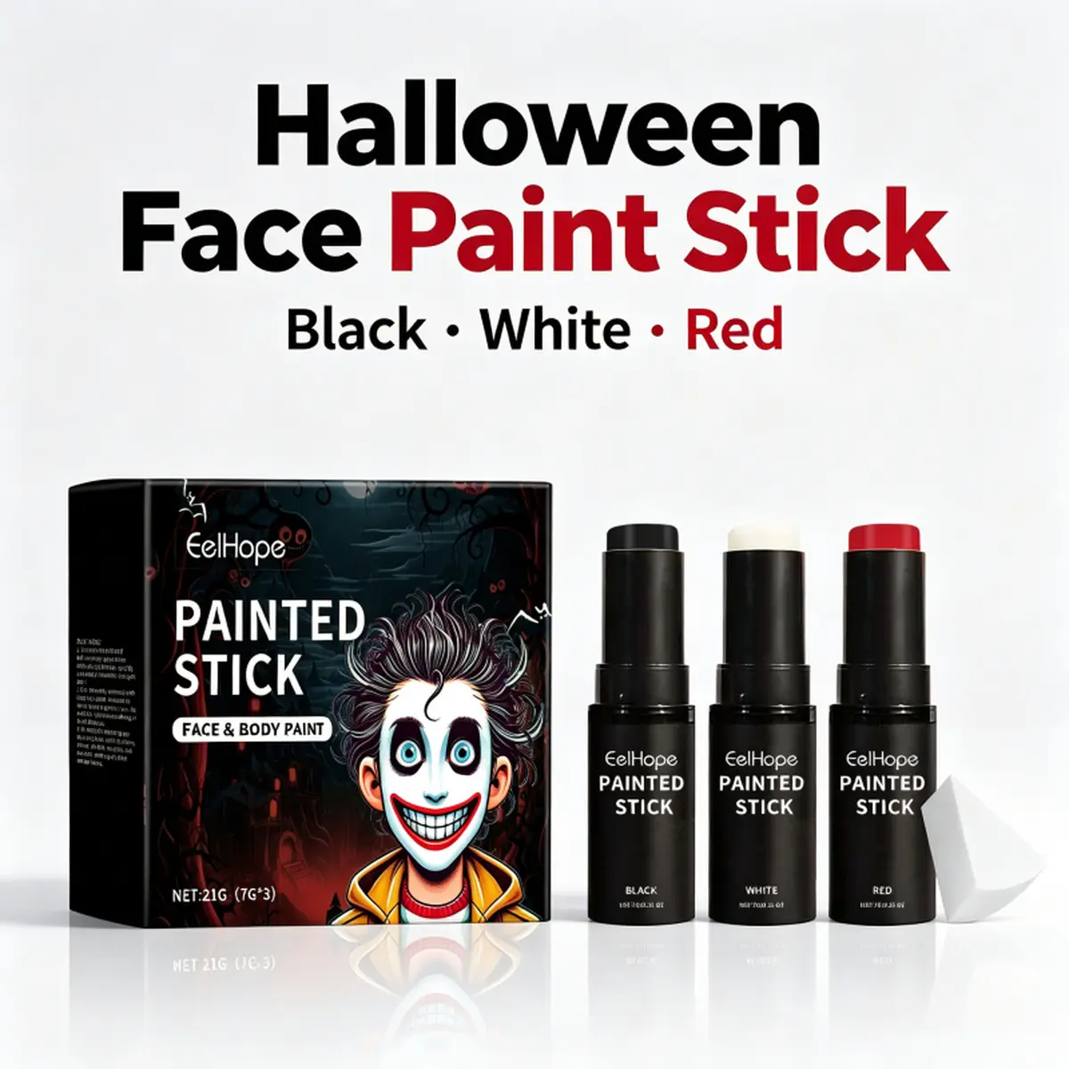 Face & Body Paint Stick Set - Creamy White Black Red Makeup Sticks with Sponge, Vitamin E & Beeswax Formula, Easy Twist-Up Application, Long-Lasting, Water-Removable for Halloween Cosplay, Clown & Skeleton