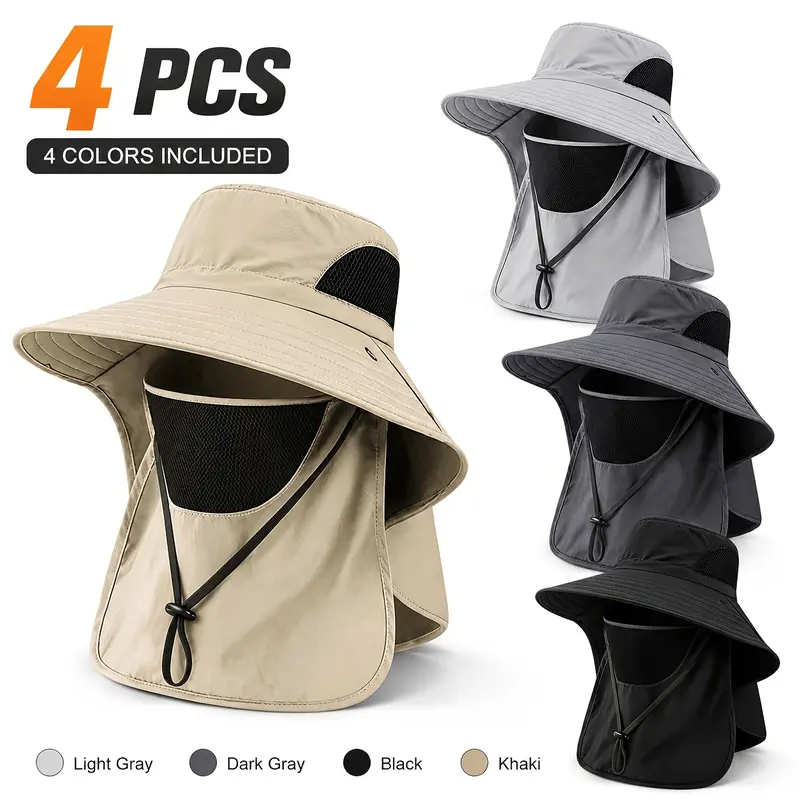 Adults' Adjustable Bucket Hat (4 Random-Color Solid Casual Sun Hats) - Wide-Brim UPF Shield Beach Headwear with Detachable Neck Flap & Face Cover for Outdoor Fishing Sports