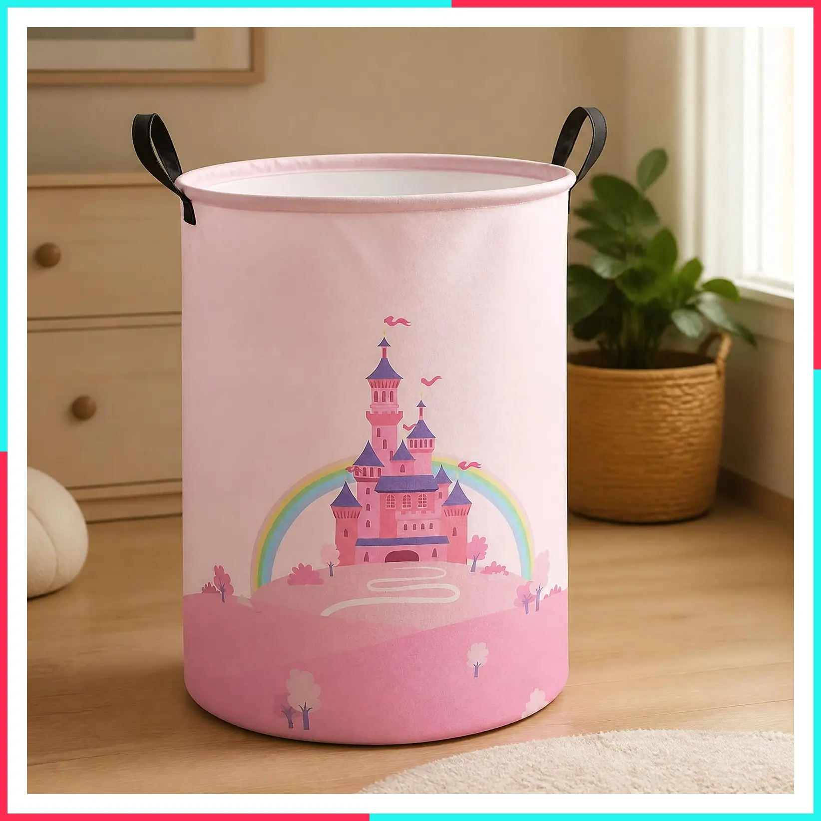 Round Foldable Pink Fairy Castle Laundry Hamper - Cute Pop-Up Clothes Basket for Teens and Young Adults