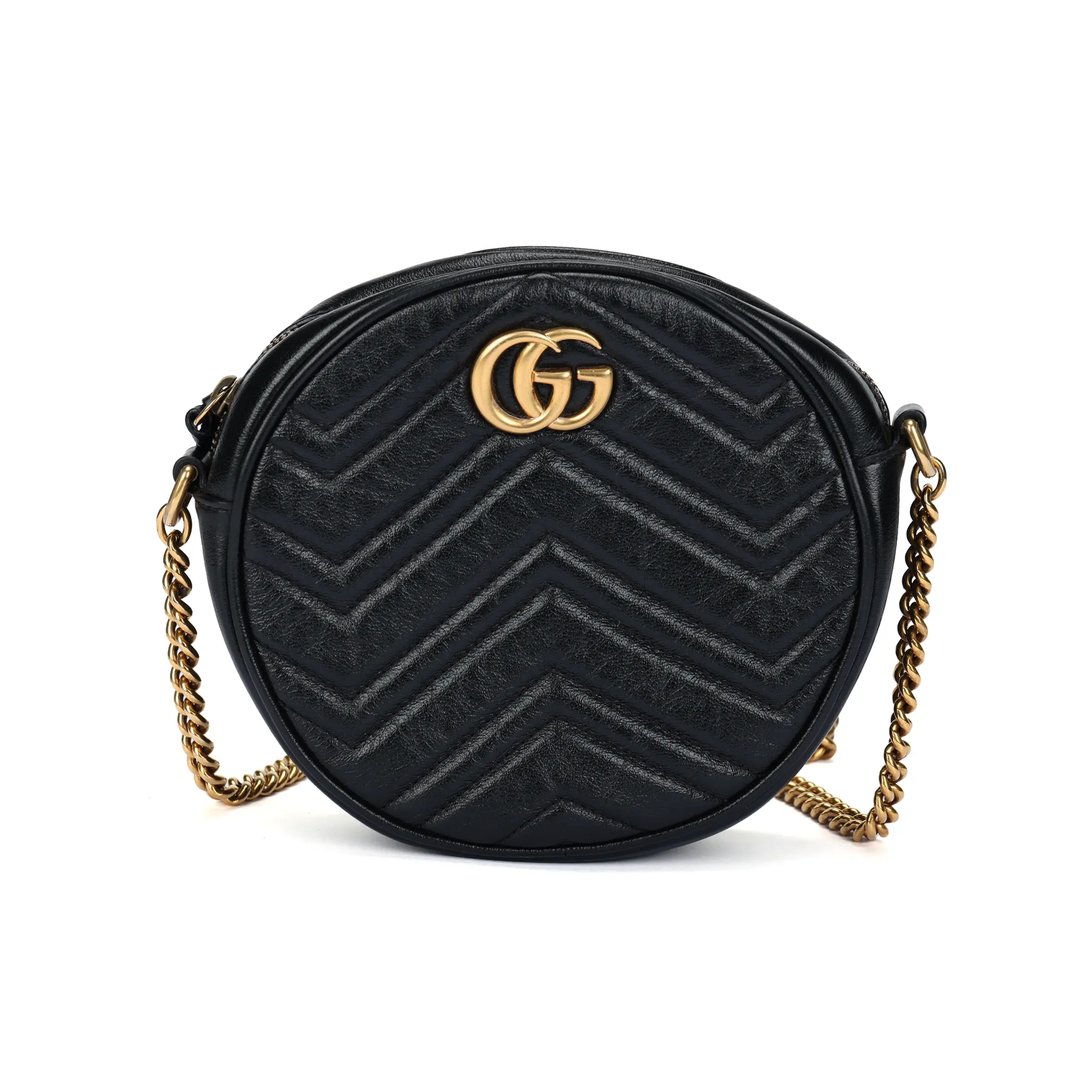 Gucci GG Marmont Quilted Chain Leather Circle Bag for Women, Mini Shoulder Crossbody in Black