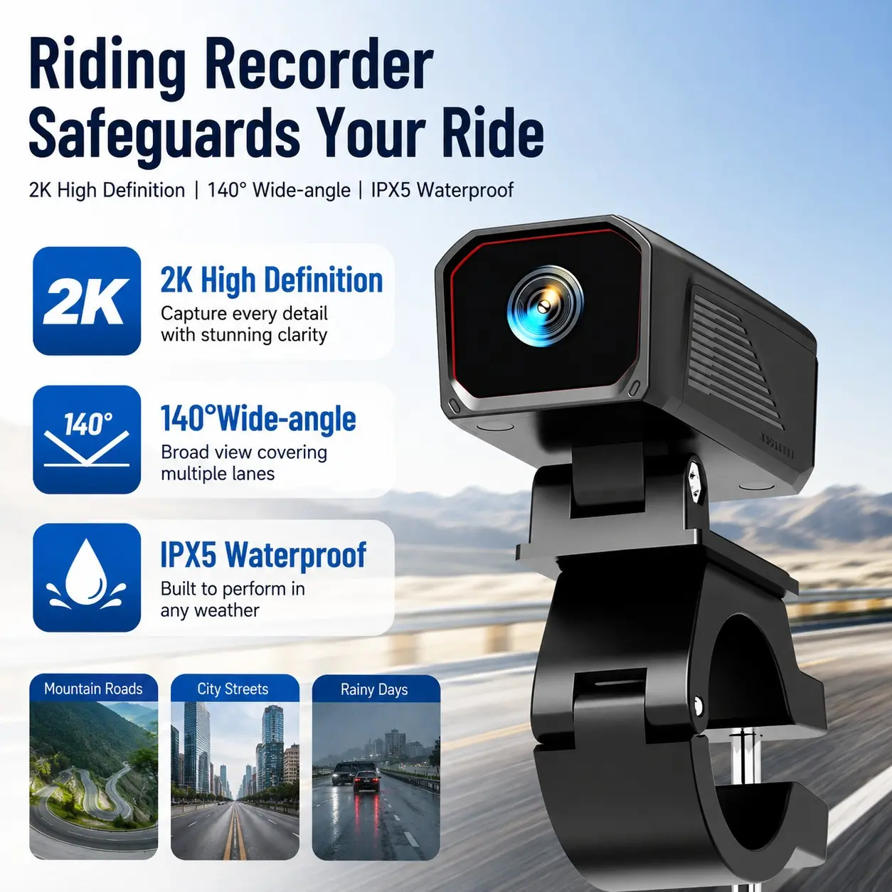 2K Motorcycle Dash Cam, 140° Wide Angle Bike Camera, IPX5 Waterproof USB Motorcycle Driving Recorder, Handlebar Mounted Action Camera for Cycling & E-Bike