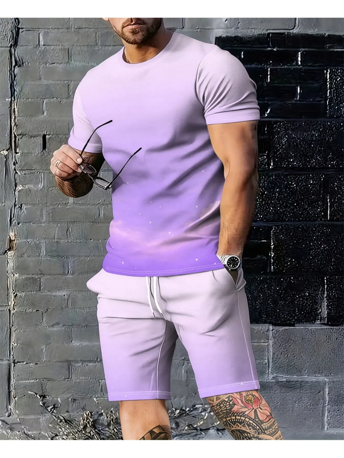 Teen & Adult Men Lavender Purple Starry Sky Ombre 2 Piece Outfit, Micro Elastic Soft Crew Neck Tee & White Drawstring Gradient Shorts, Loose Casual Co Ord Set for Beach Vacation Pool Party, Viral Summer Men Holiday Tracksuit Trend 2026