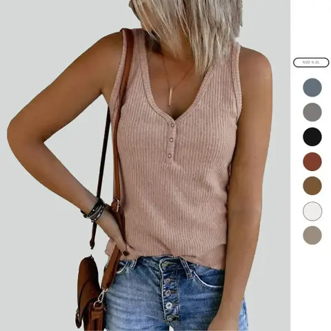 Imily Bela Womens V Neck Tank Tops Summer Ribbed Sleeveless Henley Shirts Casual Loose Button Up Cami Knit Tees Cute