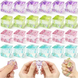 24Pcs Glitter Ice Cube Squishy, Stress Sparkle Fidget Toys, Ice Cube Squeeze Toys - Square Sensory Toys, Squeeze Toys - Small Stress Balls for Adults, Perfect Party Toy Giftfidget toys