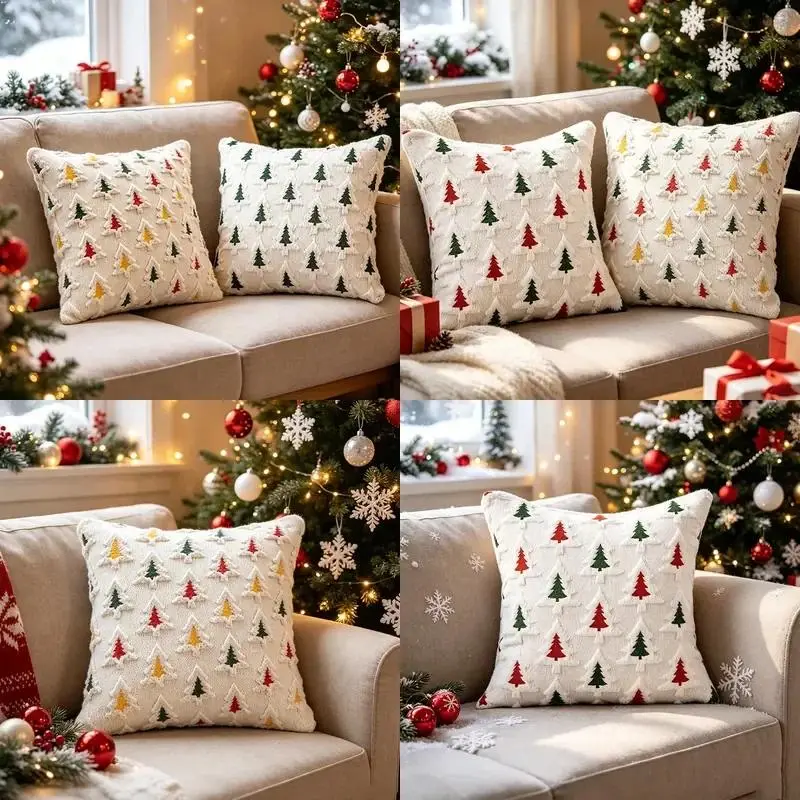 Festive Aesthetic Christmas Tree Pillow Cover - Colorful 3D Holiday Tree Motif with Hidden Zipper Closure and Universal Cushion Compatibility, Cozy Decorative Throw Pillowcase, Perfect for Living Room Sofa Decor, Bedside Cushion Styling & Holiday Gift