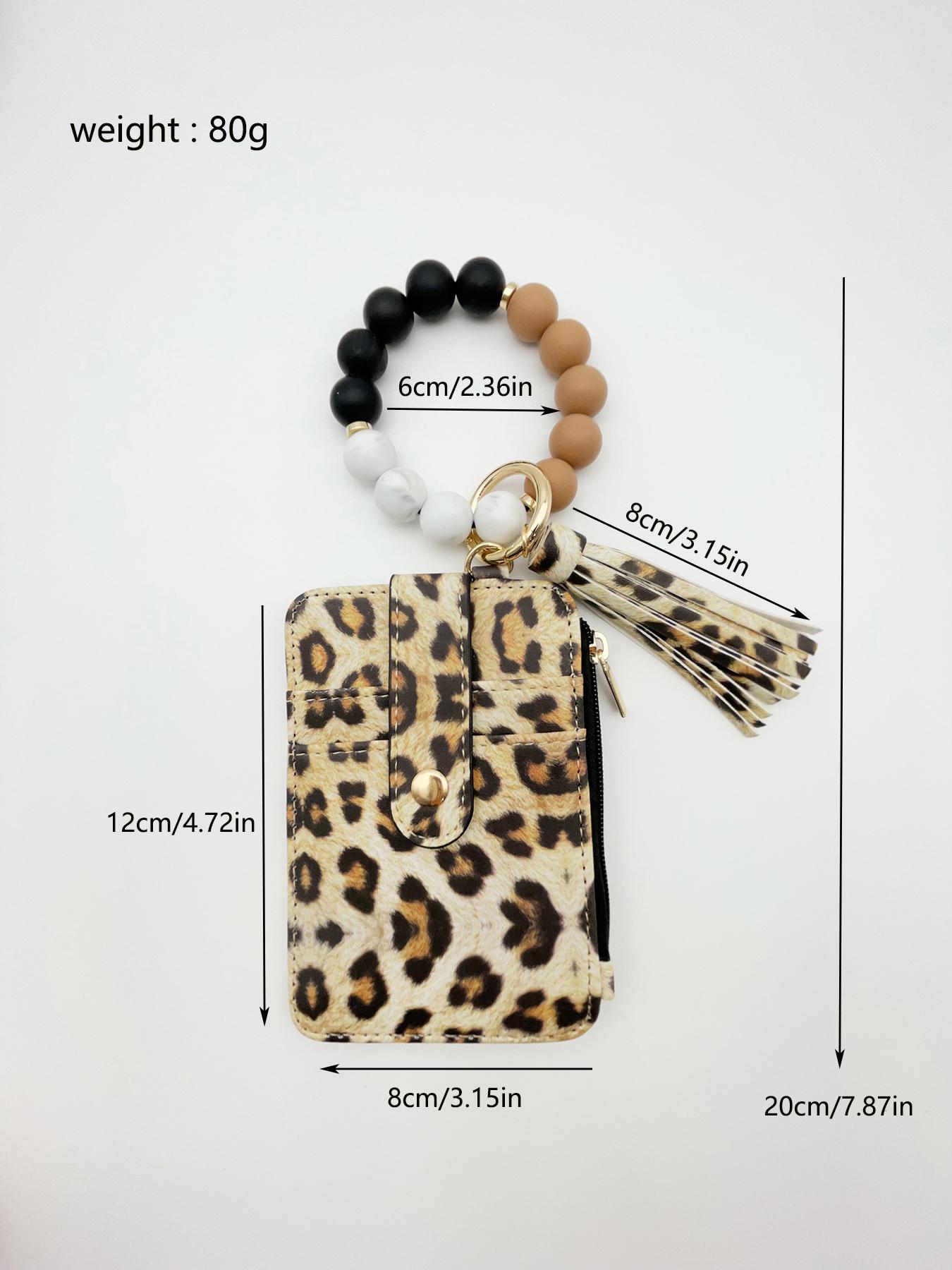 Fashion Leopard & Floral Pattern Beaded Wristlet Keychain, Boho Style Tassel Decorated Wallet Keychain for Women & Girls, Casual Trendy Accessories for Daily Use, Keychain Wristlet Strap