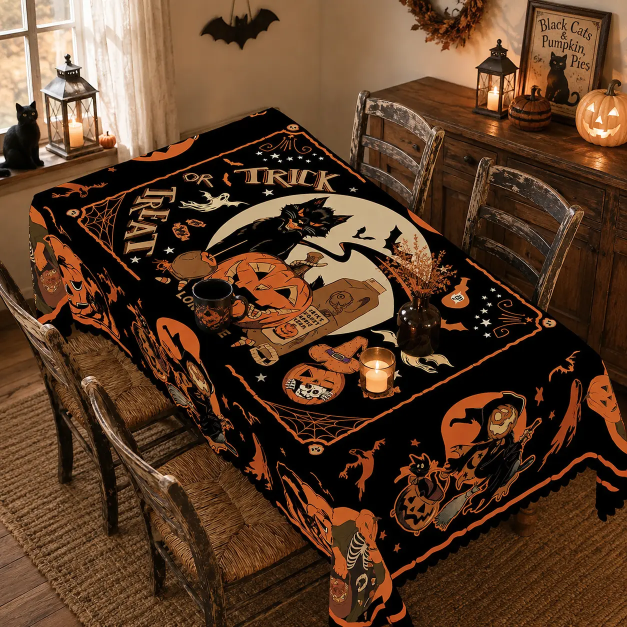 Halloween Spooky Polyester Tablecloth - Oval/Round, Black Cat-Pumpkin-Ghost-Witch Print, Multi-Size, Machine Washable, Table Protection for Holiday Parties, Clearance Home Supplies Halloween Decorations