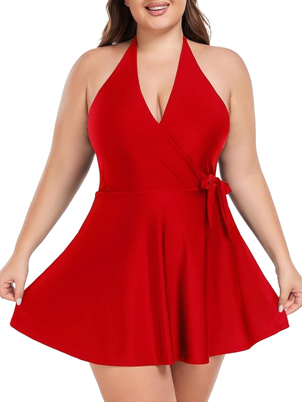 Ocean Blues Women's Plus Size V-Neck One Piece Swimdress Halter Wrap  Swimsuit Tummy Control One Piece Skirt Bathing Suit - TikTok Shop