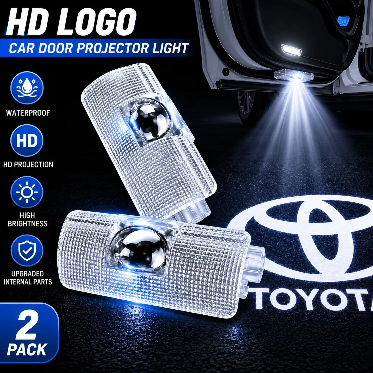 🚘2PCS 3D HD Logo Projection LED Car Door Welcome Lights Vehicle Welcome Light Car Decorative Light | For Toyota Highlander Camry 4Runner Sienna Corolla ✅ Plug & Play ✅ 2-Minute Installation ✅ No Wiring Needed