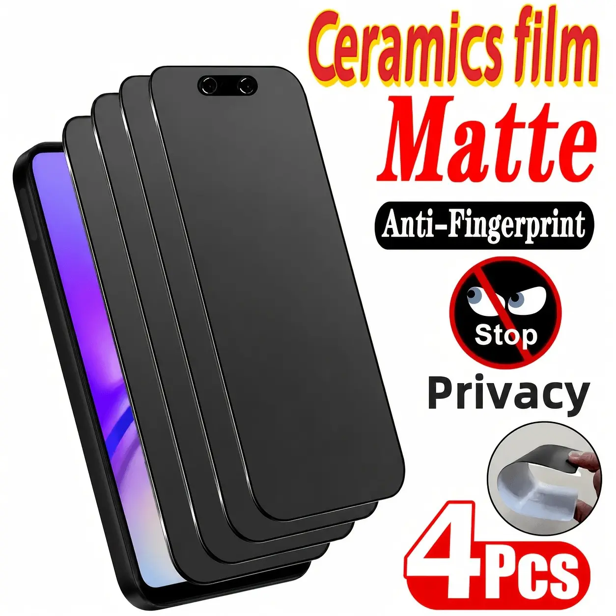 4pcs Matte Privacy Ceramic Screen Protector, Screen Protector Film, Suitable for iPhone Series, Compatible with iPhone 17 Pro Max/16 Pro Max/15 Pro Max/14/13/12/11 Series, Anti-Peep, Bubble-Free, Protection, Upgraded Flexible Material
