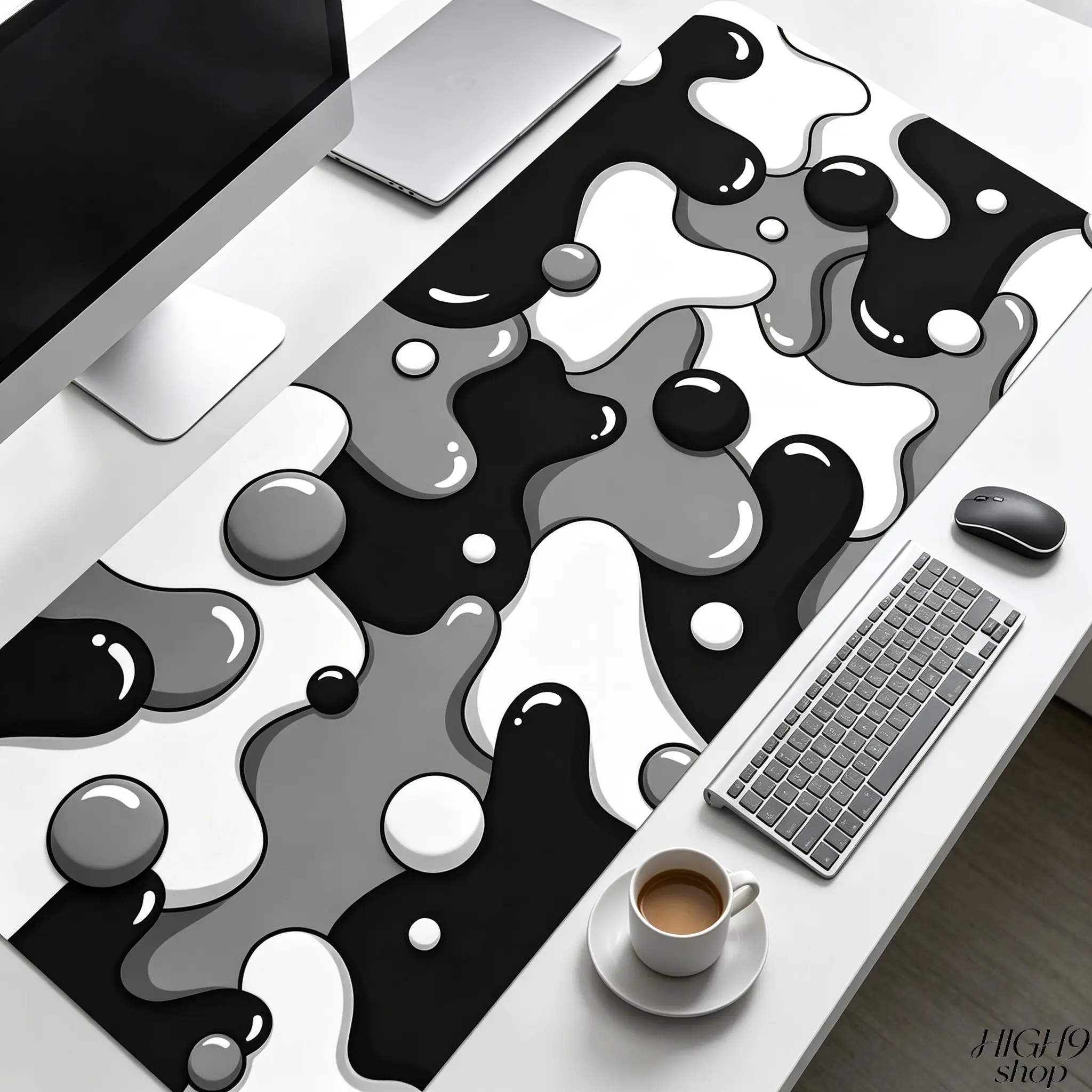 Black White Gray Abstract Liquid Camo Extended Gaming Mouse Pad, Non-Slip Rubber Base Stitched Edge Large Desk Mat, Aesthetic Desktop Protector for PC Laptop Gaming & Office Use