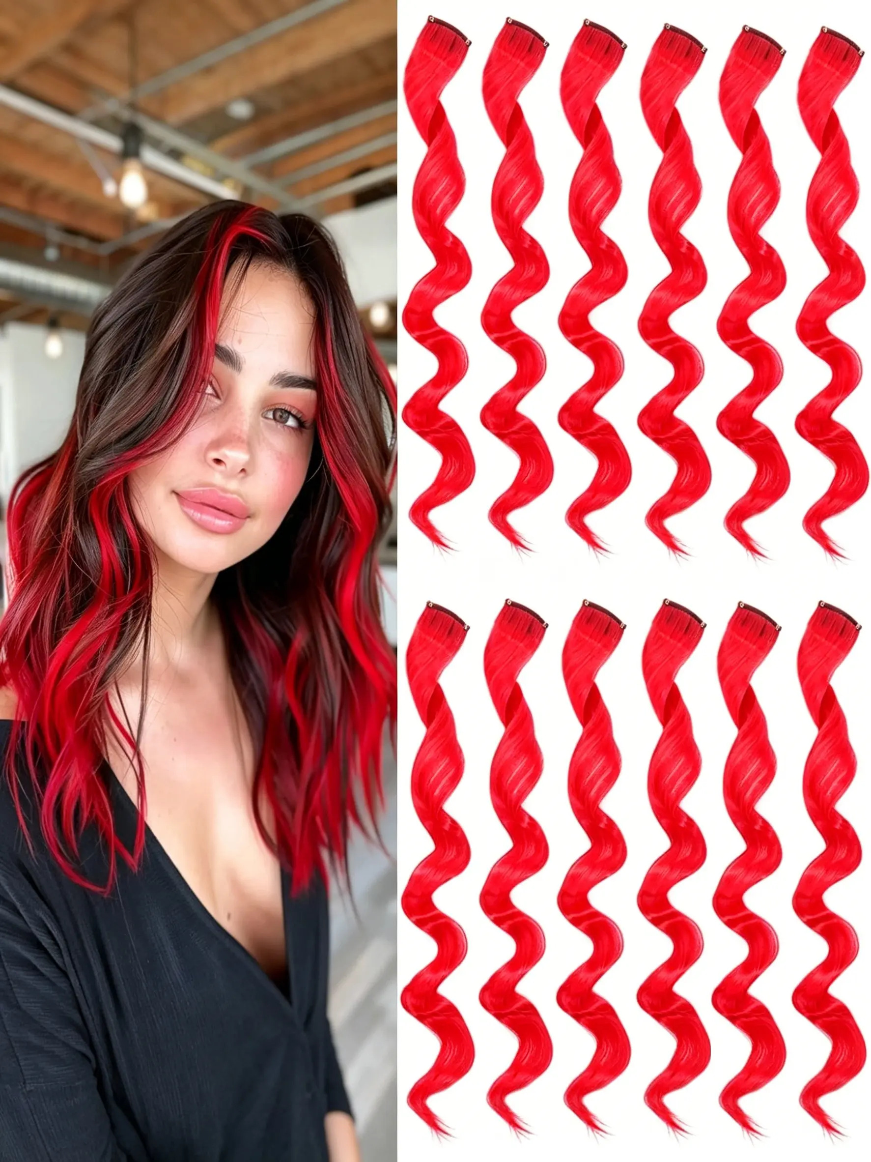 Clip in Hair Extension 22 Inch Colored Wavy Hair Pieces 12 Pcs Highlight Clip in Hair Extensions Party Cosplay & Holiday Gifts Wavy Synthetic Hairpieces