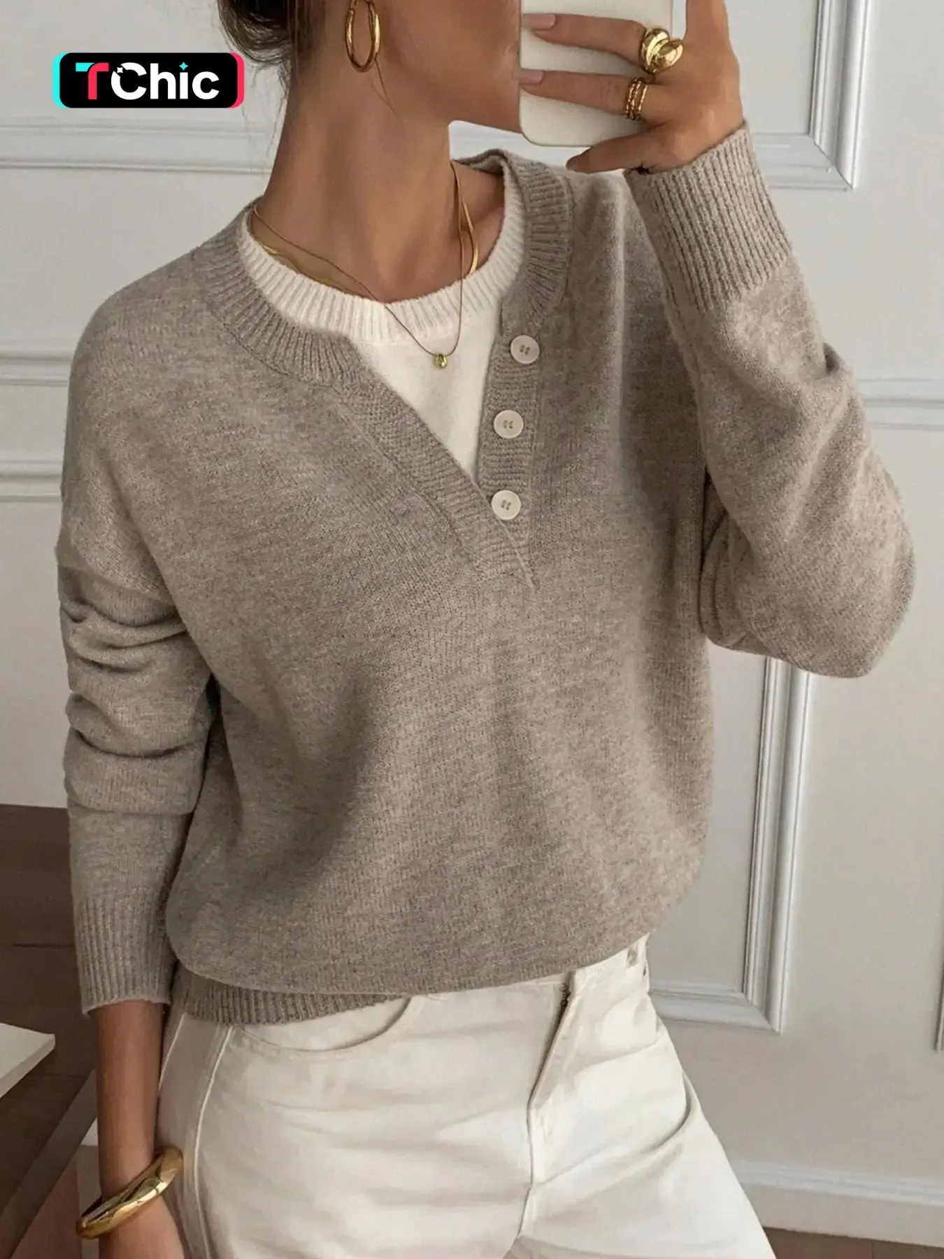 Women's Henley Neck Button Front Color Block Long Sleeve Pullover Sweater, Knitwear, Knitting, Autumn Winter Casual Loose Fit 2 In 1 Sweater Top For Fall, Fashion Soft Daily Work Street Cute Daily Knitted Top for Women