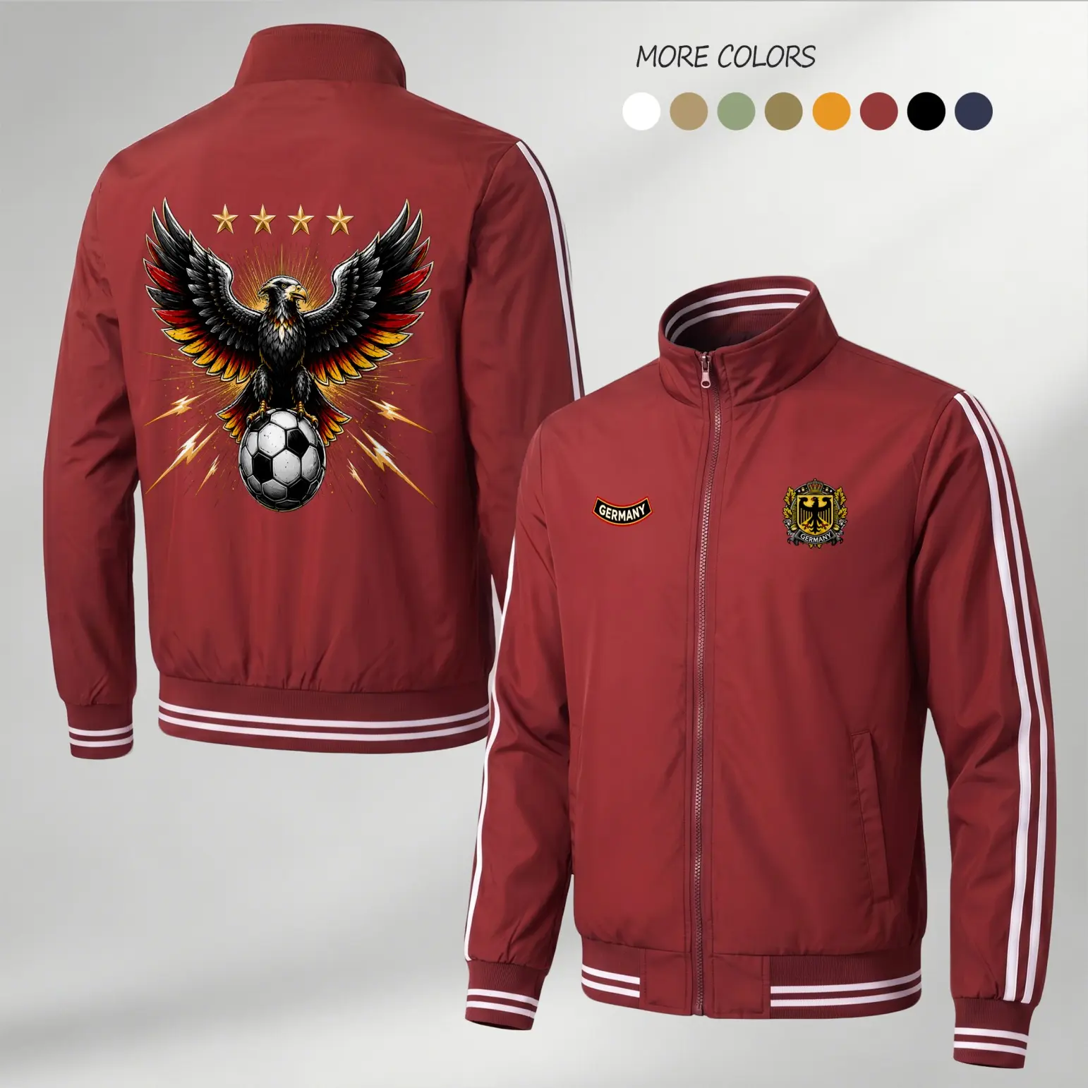 Men’s Germany Inspired Lightweight Zip Up Track Jacket, Stand Collar Sports Outerwear, Front Chest Badge and Back Eagle Soccer Graphic Print Coat, Casual Long Sleeve Jacket for Spring Fall Daily Wear