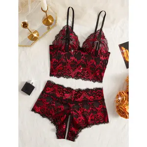2pcs Color-Contrast Lace Pattern Lingerie Set, Hollow-Out Bow Bra, Crotch-Opening Design Shorts, Women'S Charming Lingerie