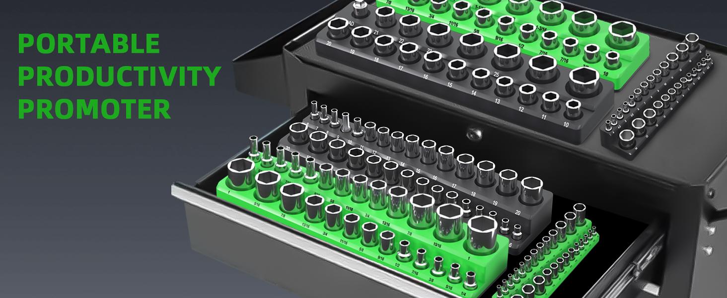 Magnetic Socket Organizer Holder Set For Tool Box Drawer, Toolbox Organization Including 1/4", 3/8" and 1/2" Drive Metric SAE Socket Trays (Sockets are not Included)