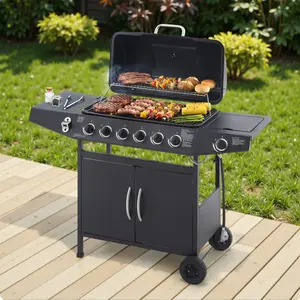 Aobtkel®6 Burner BBQ Propane Gas Grill with Side Burner 59000 BTU Output Stainless Steel Barbecue Grill with Enamel-Coated Grates and Side Tables for Outdoor Cooking Kitchen and Patio Backyard.