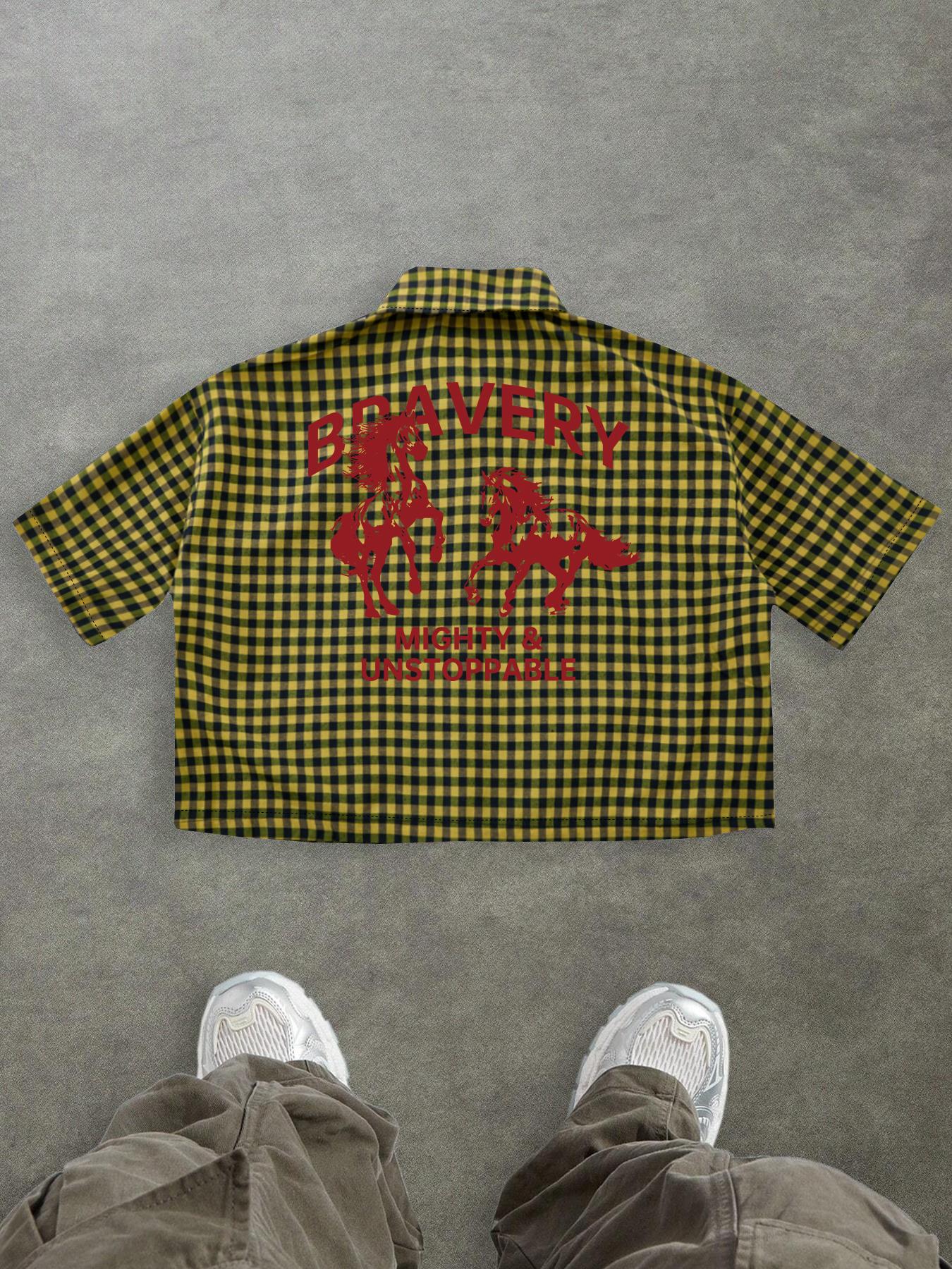 Men's Regular Fit Horse & Letter Print Short Sleeve Shirt, Casual Retro Gingham Shirt for Daily Wear, Fashion Aesthetic Men's Top for Summer