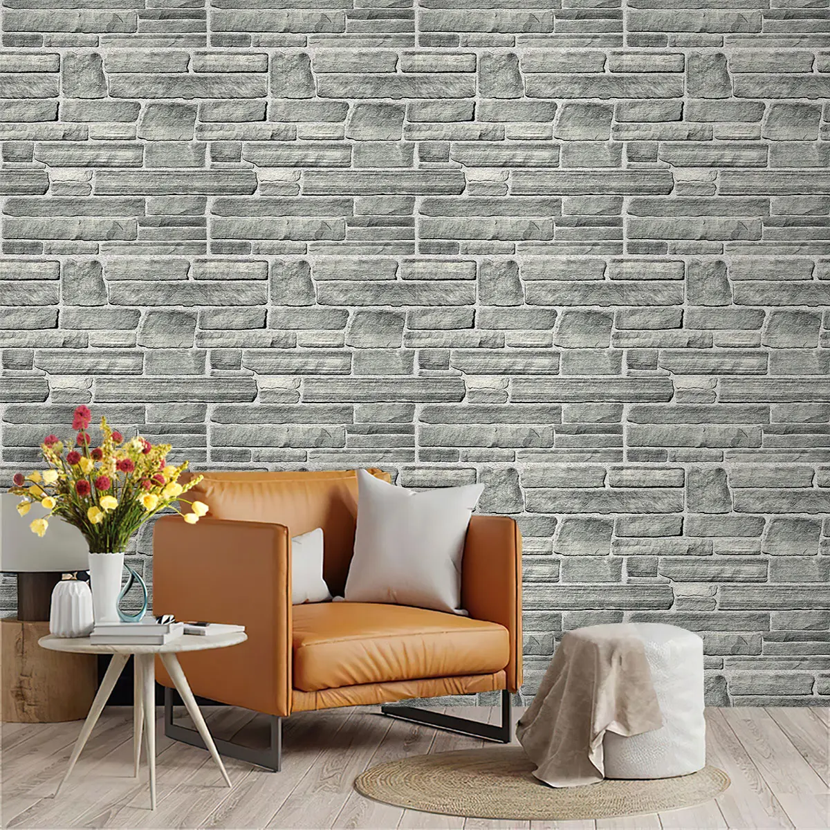 This is a set of recyclable wallpaper patterns with a gray stone brick texture. The wallpaper is made of PVC material with adhesive on the back, which can be torn off and pasted directly. It is suitable for furniture decoration, kitchen/living room