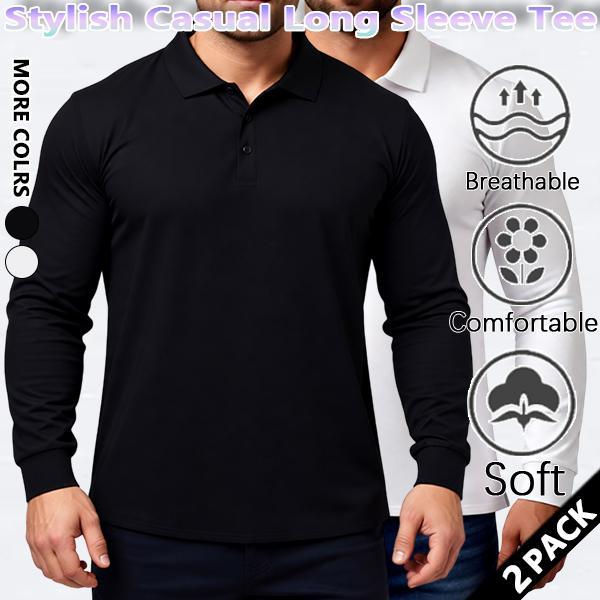 Men's Fitness All-Season Comfortable T-Shirt, Versatile Long-Sleeve Polo Shirt, Lapel Collar, Casual, Elastic, Solid Color, Slim Fit, Wrinkle-Free, Breathable, Figure-Flattering