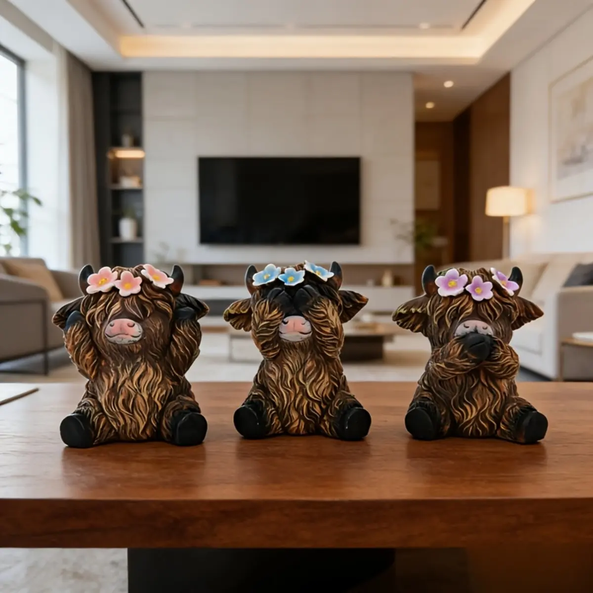 3 Pcs Four Seasons Highland Cow Figurines Set Hear Speak See No Evil Cute Resin Statues Art Crafts Home Living Room Office Desk Garden Decor Accessories Ideal Gift Choice for Cow Lovers Easter Christmas Mothers Day